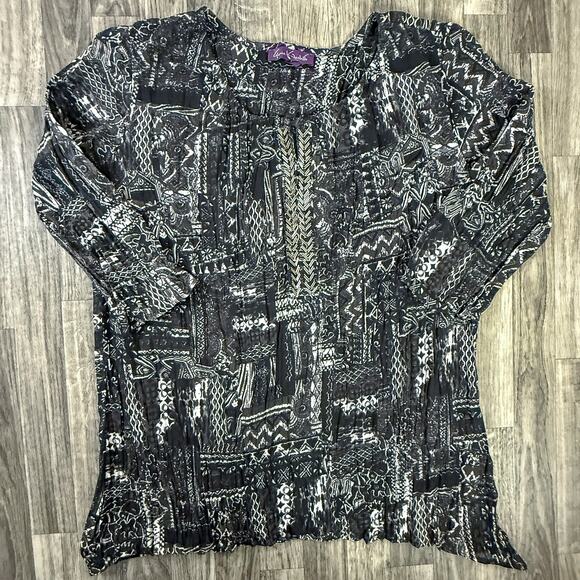 Gloria Vanderbilt Black White Crinkle Tunic Blouse L Abstract Boho Top India - Picture 1 of 6